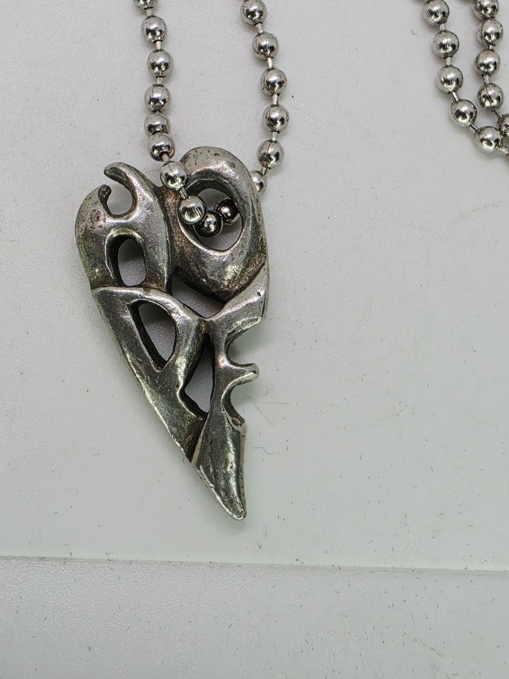 Vintage Pewter Modernist Abstract Hope Heart Pendant Ball Bead Chain Necklace